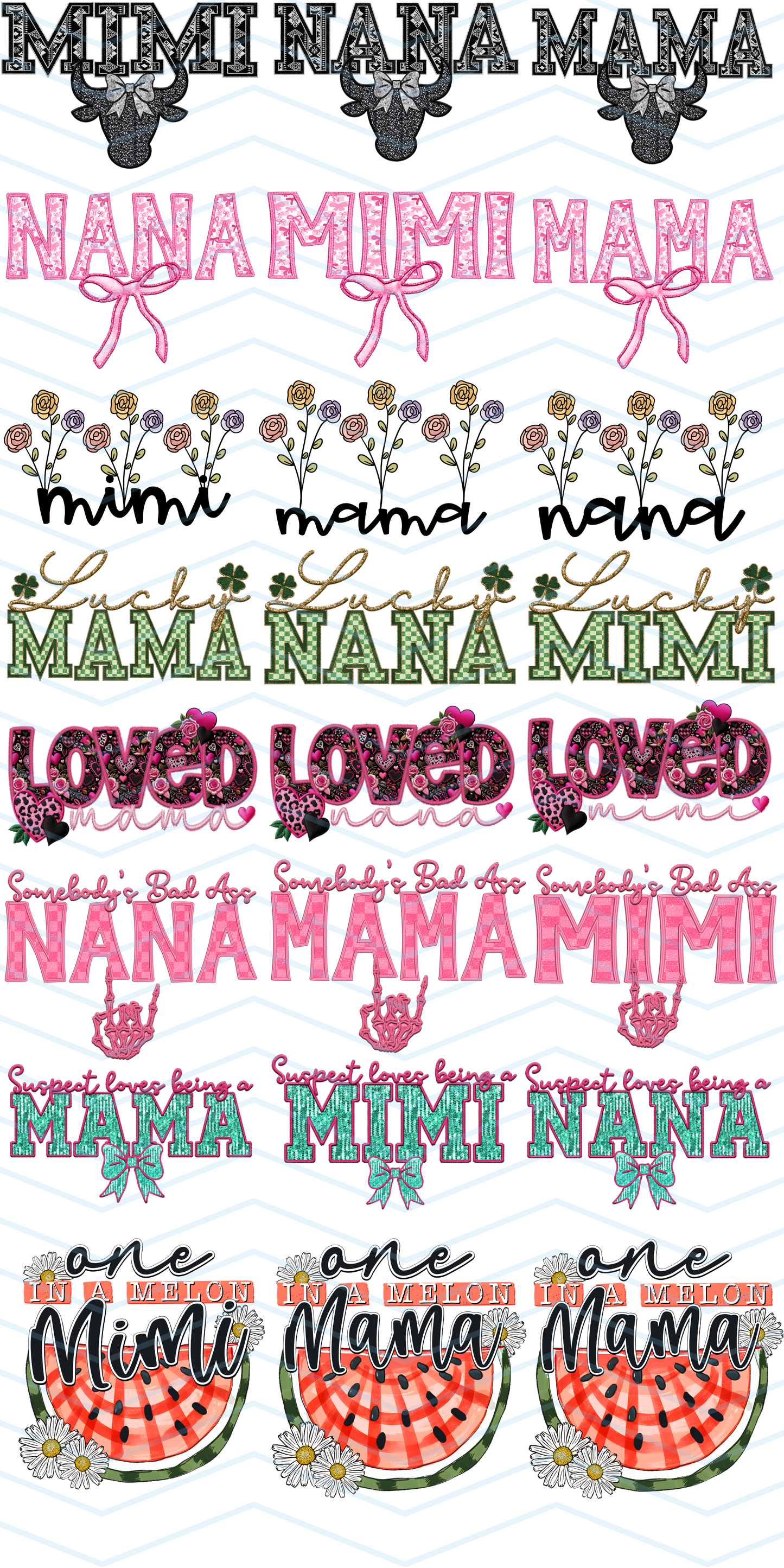 MAMA, NANA, MIMI 1 GANGSHEET 36X72 CUSTOM GANG SHEET DTF Heat Transfer