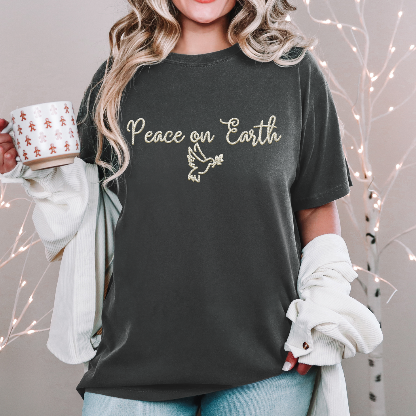 PEACE ON EARTH FAUX EMBORID TEE