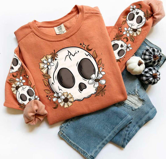 FLORAL SKULL SWEATSHIRT W/ SLEEVE PRINT