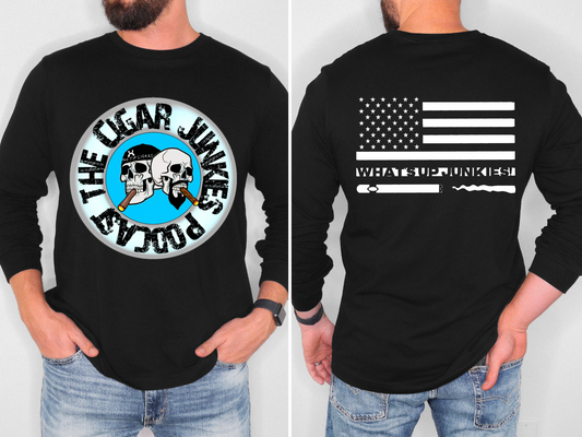 THE CIGAR JUNKIES PODCAST SKULL COLOR HEADS DOUBLE SIDED LONG SLEEVE TEE