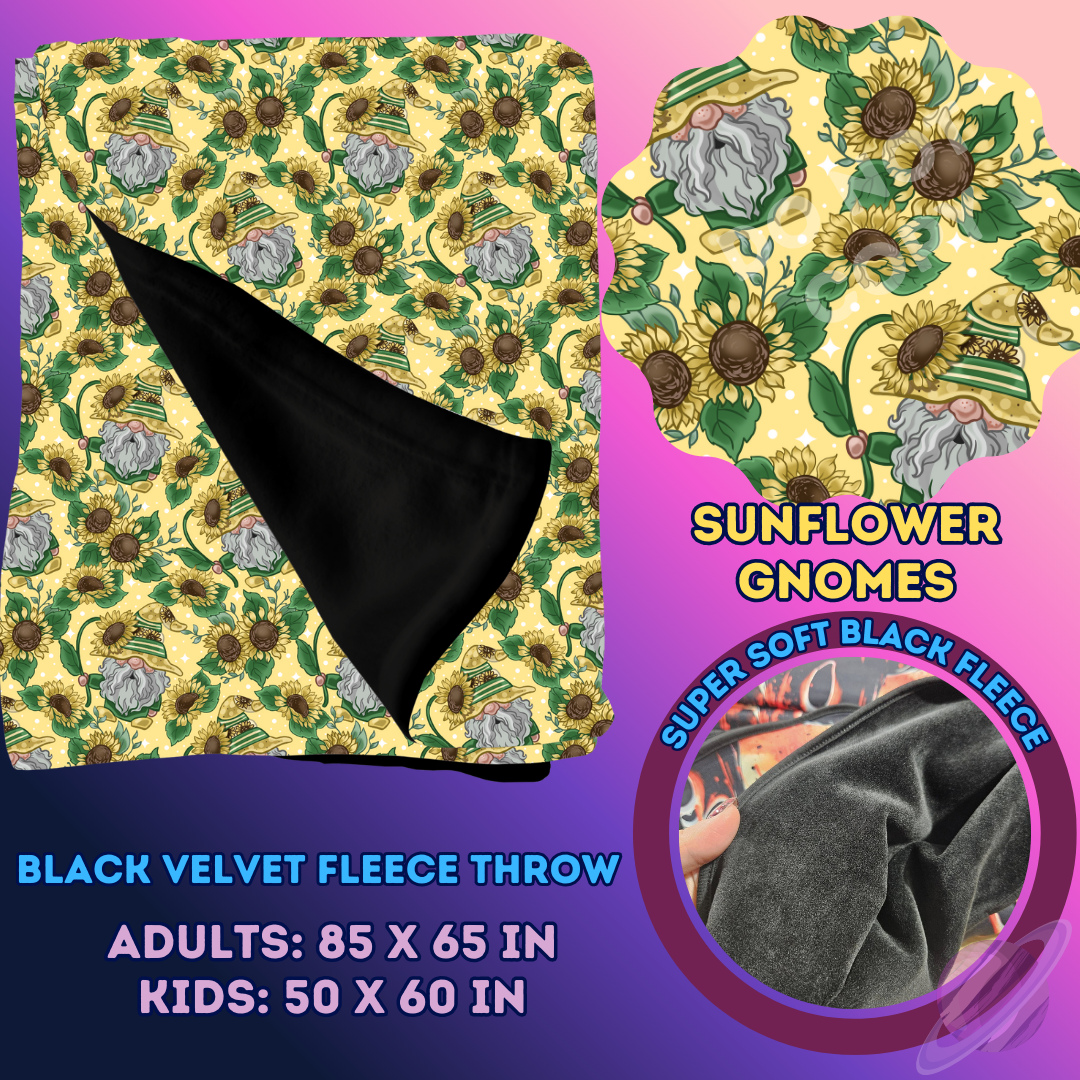 SUNFLOWER GNOMES- SOFT BLACK FLEECE THROW 13-PREORDER CLOSING 1/14