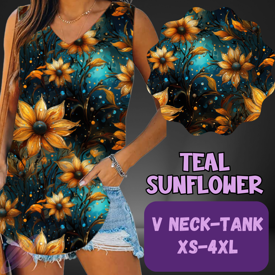 TEAL SUNFLOWER-PATTERN PANEL OUTFIT RUN-SOFT CLOSE 7/10 HARD CLOSE 7/12
