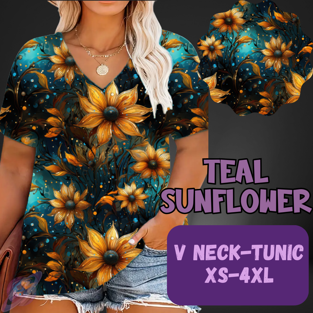 TEAL SUNFLOWER-PATTERN PANEL OUTFIT RUN-SOFT CLOSE 7/10 HARD CLOSE 7/12